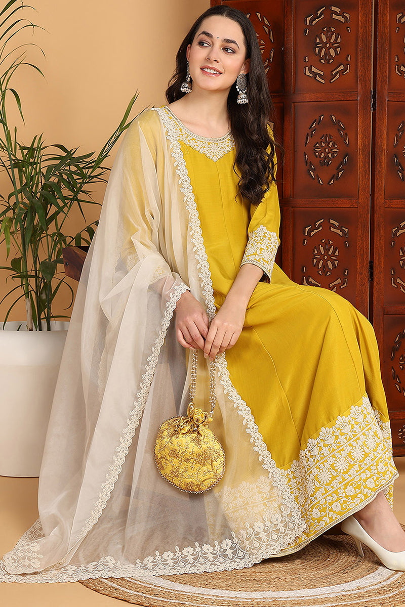 Yellow Silk Blend Solid Embroidered Flared Suit Set PKSKD2193