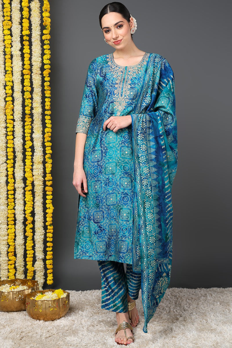 Teal Silk Blend Ethnic Motifs Printed Straight Suit Set PKSKD2200