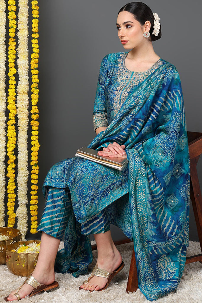 Teal Silk Blend Ethnic Motifs Printed Straight Suit Set PKSKD2200