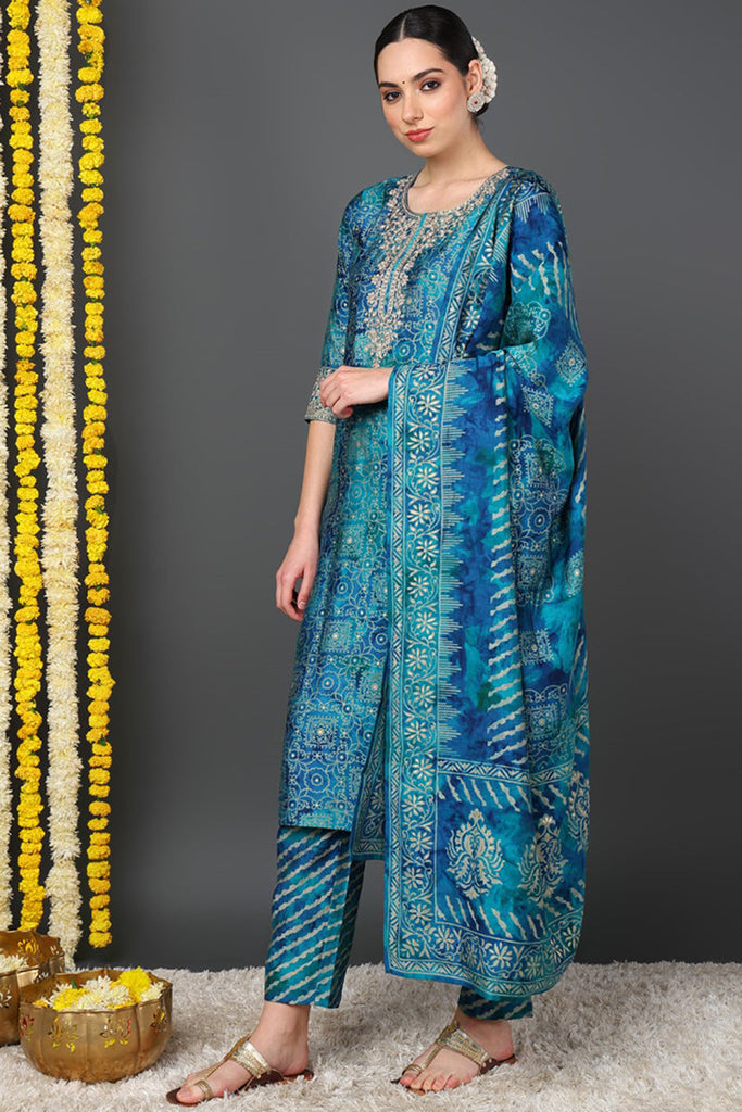 Teal Silk Blend Ethnic Motifs Printed Straight Suit Set PKSKD2200