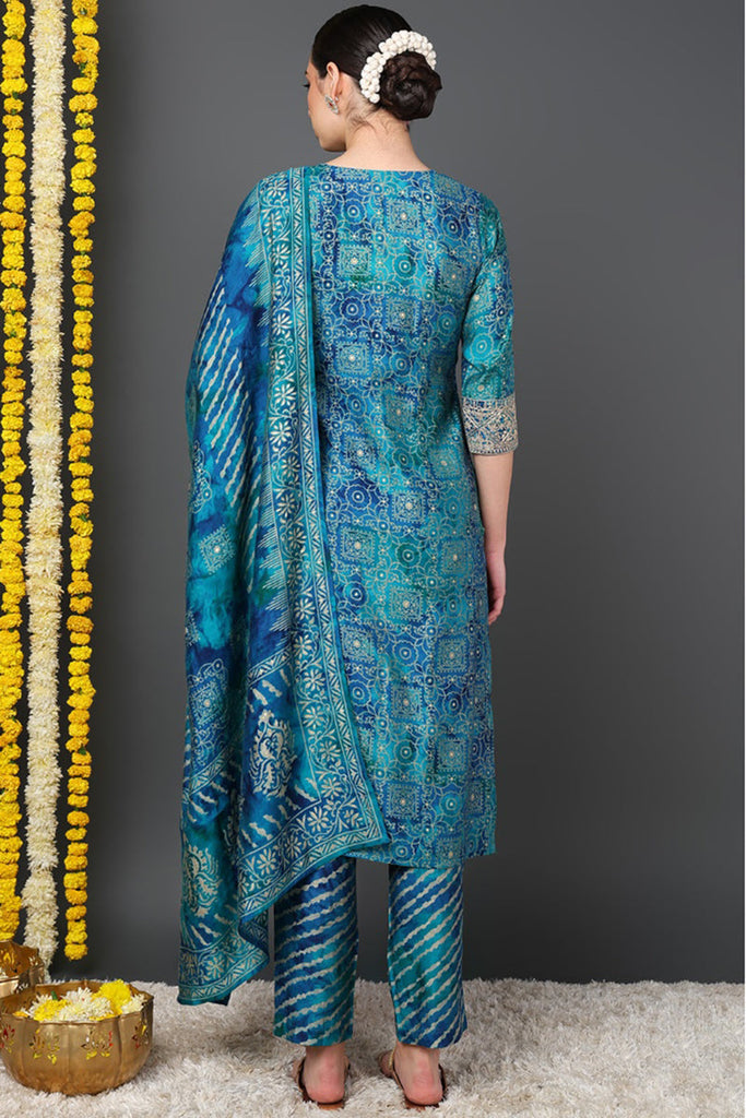 Teal Silk Blend Ethnic Motifs Printed Straight Suit Set PKSKD2200