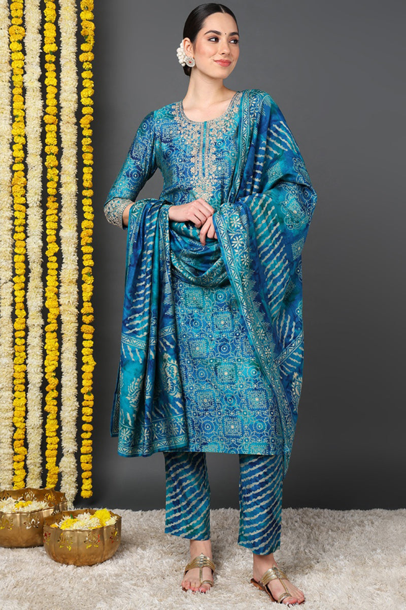 Teal Silk Blend Ethnic Motifs Printed Straight Suit Set PKSKD2200