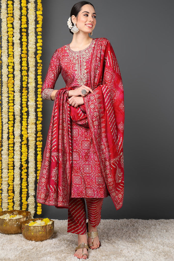 Maroon Silk Blend Ethnic Motifs Printed Straight Suit Set PKSKD2201