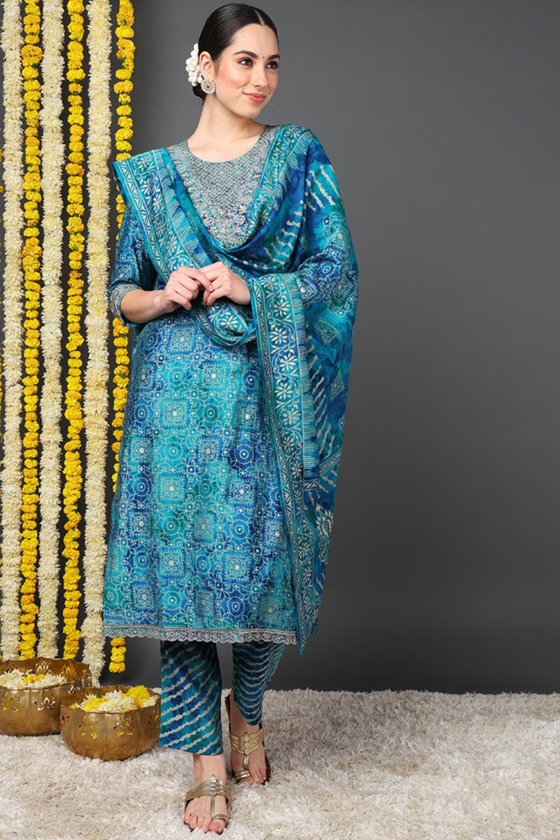 Teal Silk Blend Ethnic Motifs Printed Straight Suit Set PKSKD2203