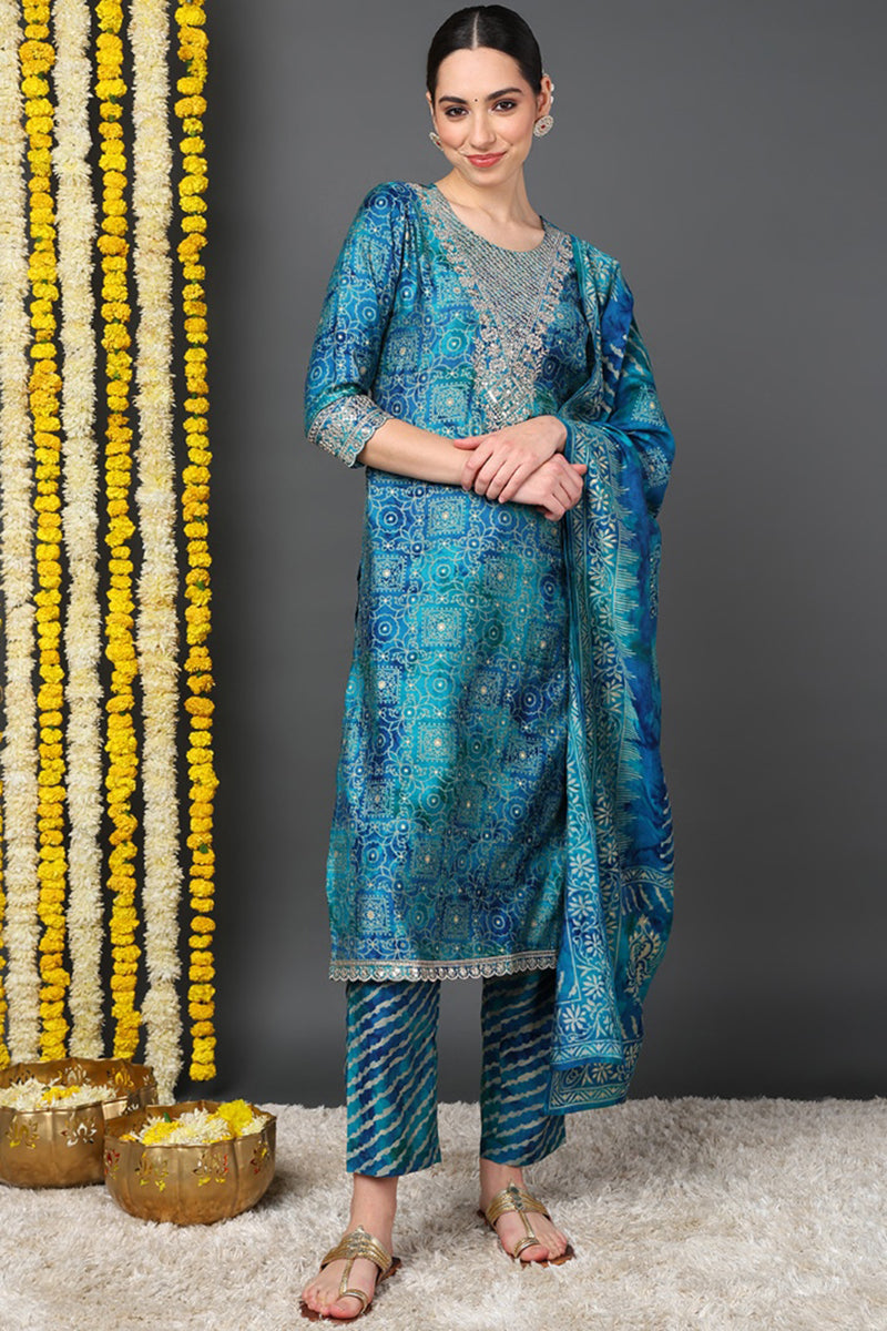 Teal Silk Blend Ethnic Motifs Printed Straight Suit Set PKSKD2203