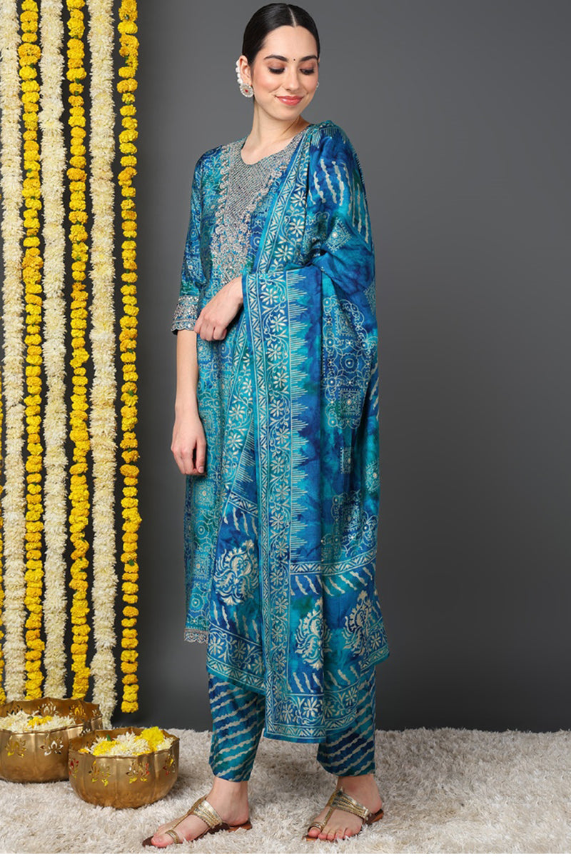 Teal Silk Blend Ethnic Motifs Printed Straight Suit Set PKSKD2203