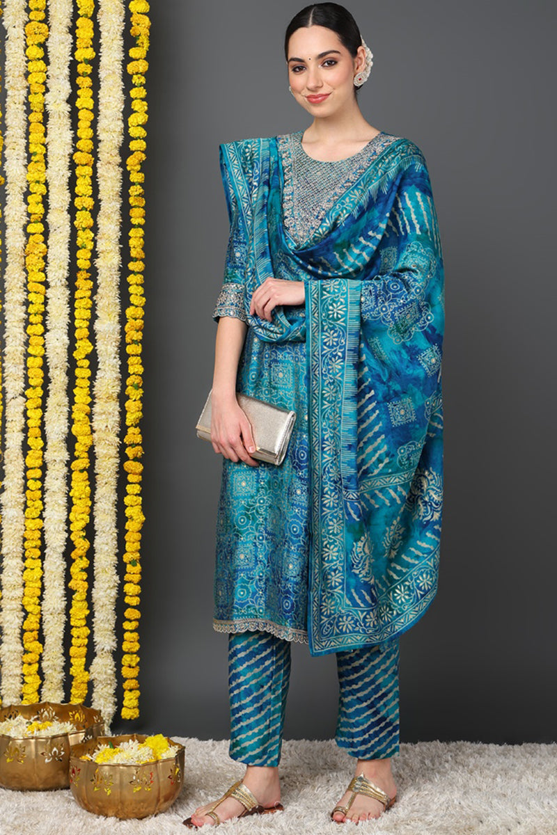 Teal Silk Blend Ethnic Motifs Printed Straight Suit Set PKSKD2203