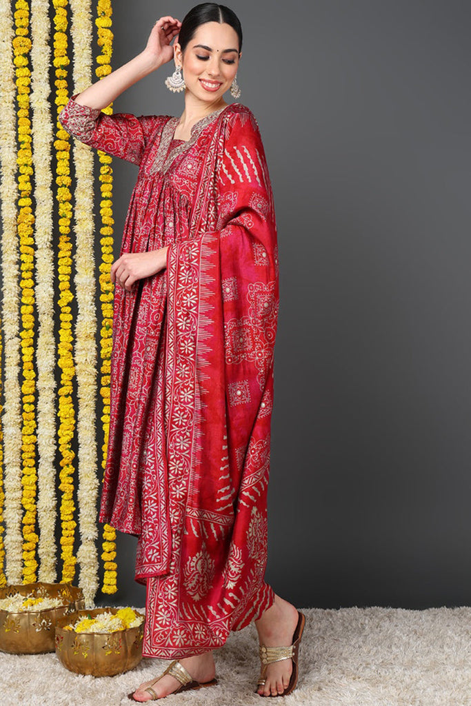 Maroon Silk Blend Ethnic Motifs Printed Flared Suit Set PKSKD2204