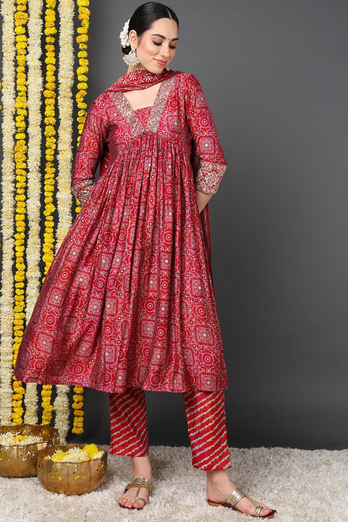 Maroon Silk Blend Ethnic Motifs Printed Flared Suit Set PKSKD2204