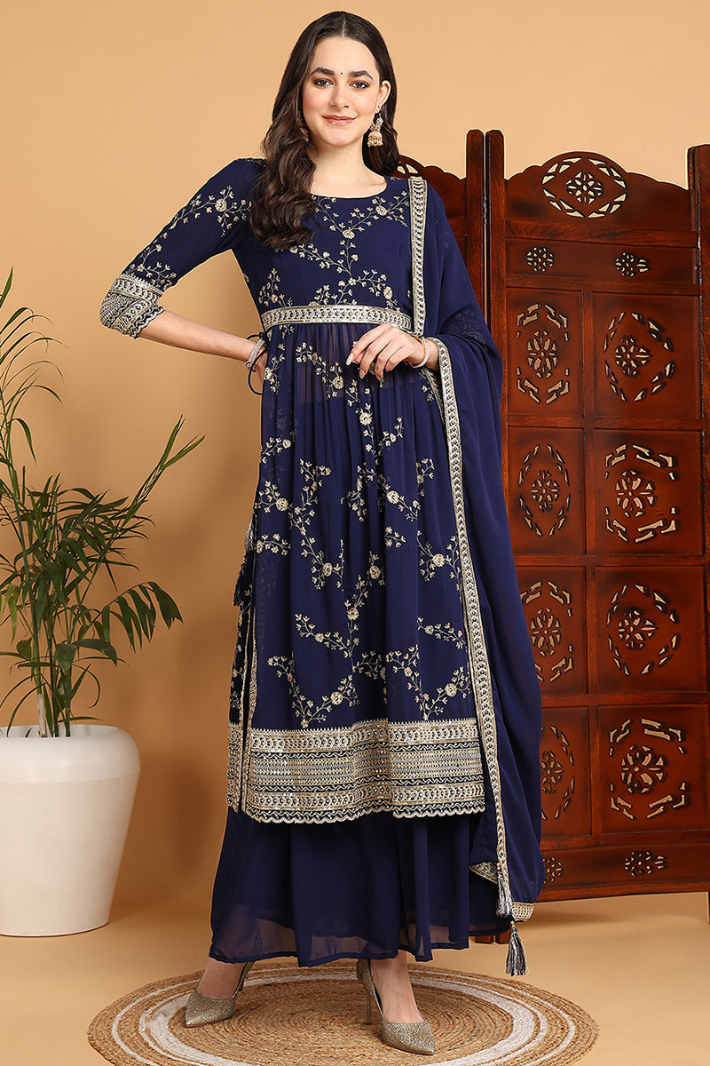 Navy Blue Georgette Floral Embroidered Straight Suit Set PKSKD2206