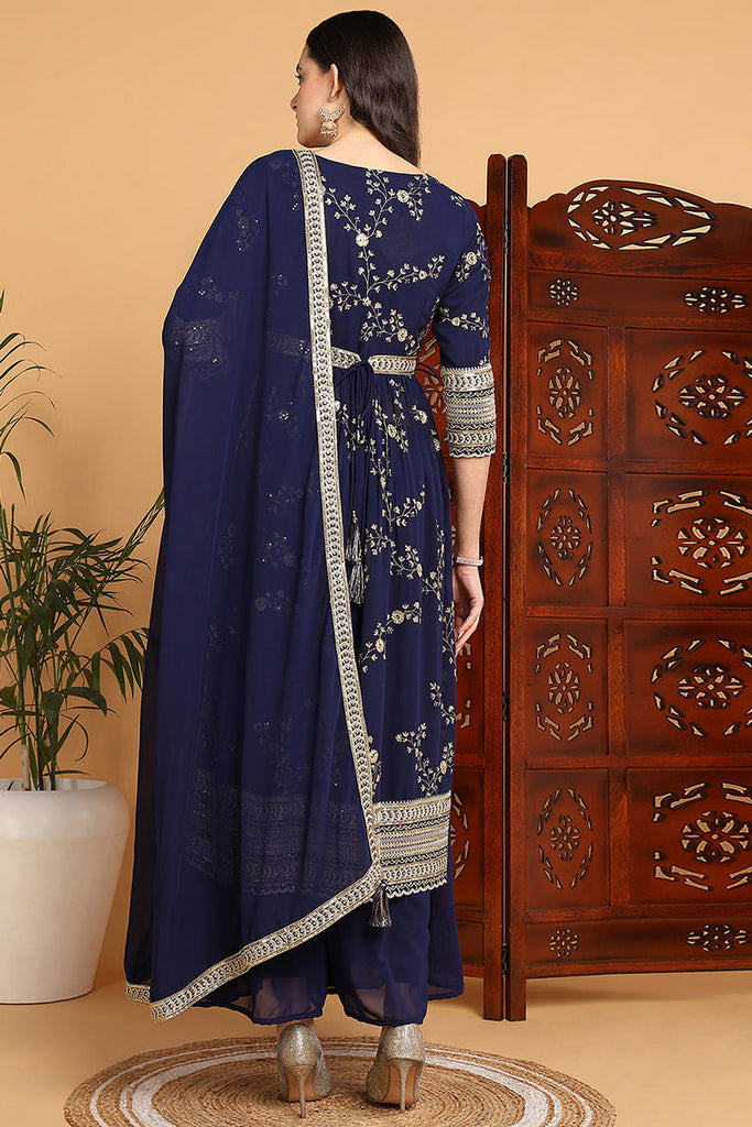 Navy Blue Georgette Floral Embroidered Straight Suit Set PKSKD2206