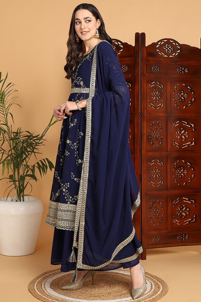 Navy Blue Georgette Floral Embroidered Straight Suit Set PKSKD2206