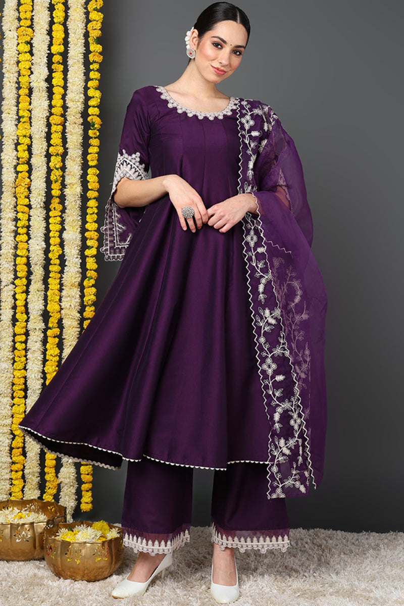 Purple Silk Blend Solid Embroidered Flared Suit Set PKSKD2209