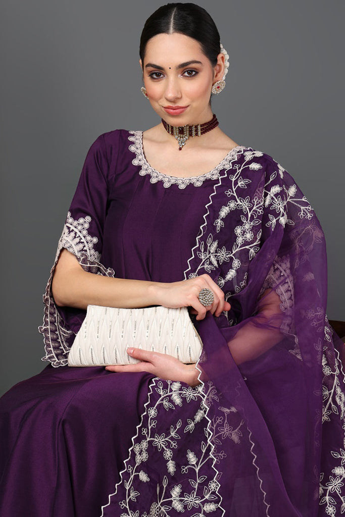 Purple Silk Blend Solid Embroidered Flared Suit Set PKSKD2209