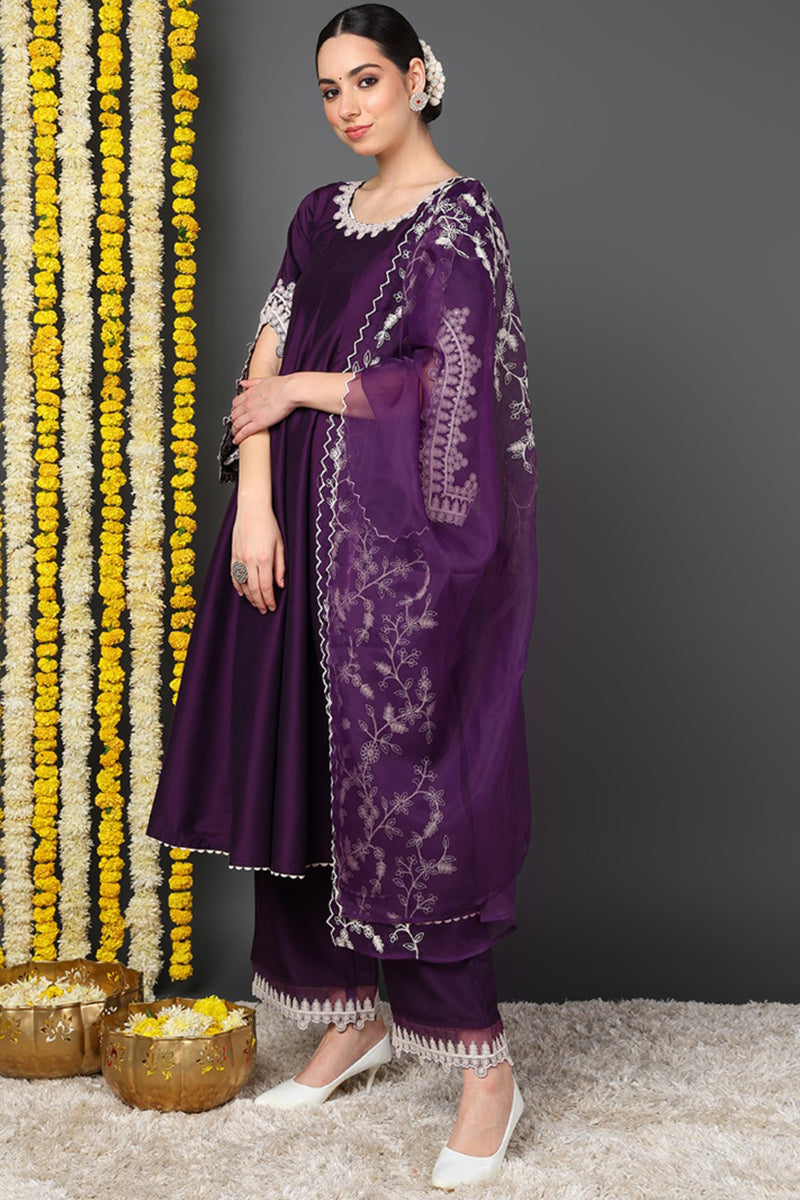 Purple Silk Blend Solid Embroidered Flared Suit Set PKSKD2209