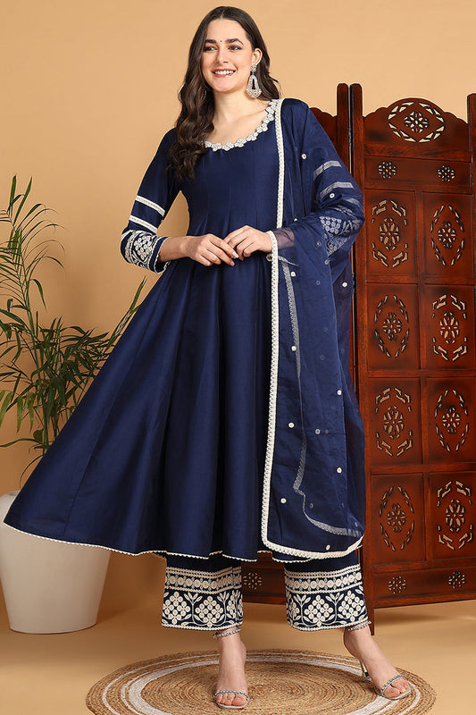 Navy Blue Silk Blend Solid Embroidered Anarkali Suit Set PKSKD2212