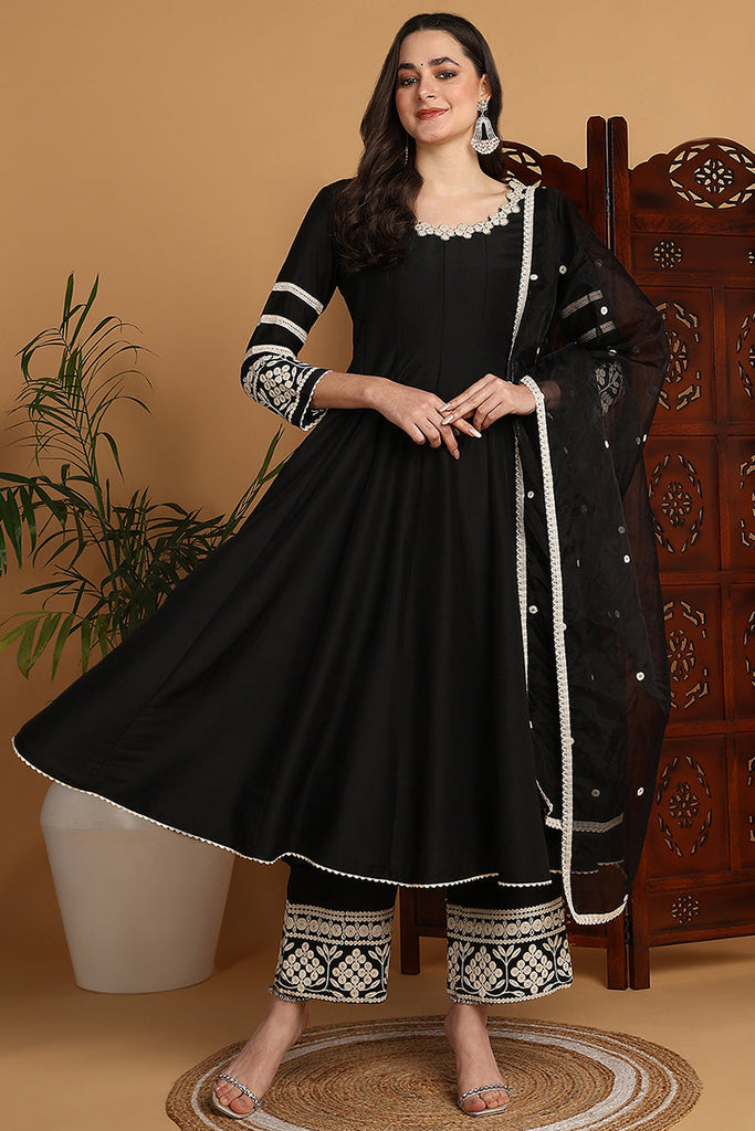 Black Silk Blend Solid Embroidered Anarkali Suit Set PKSKD2214