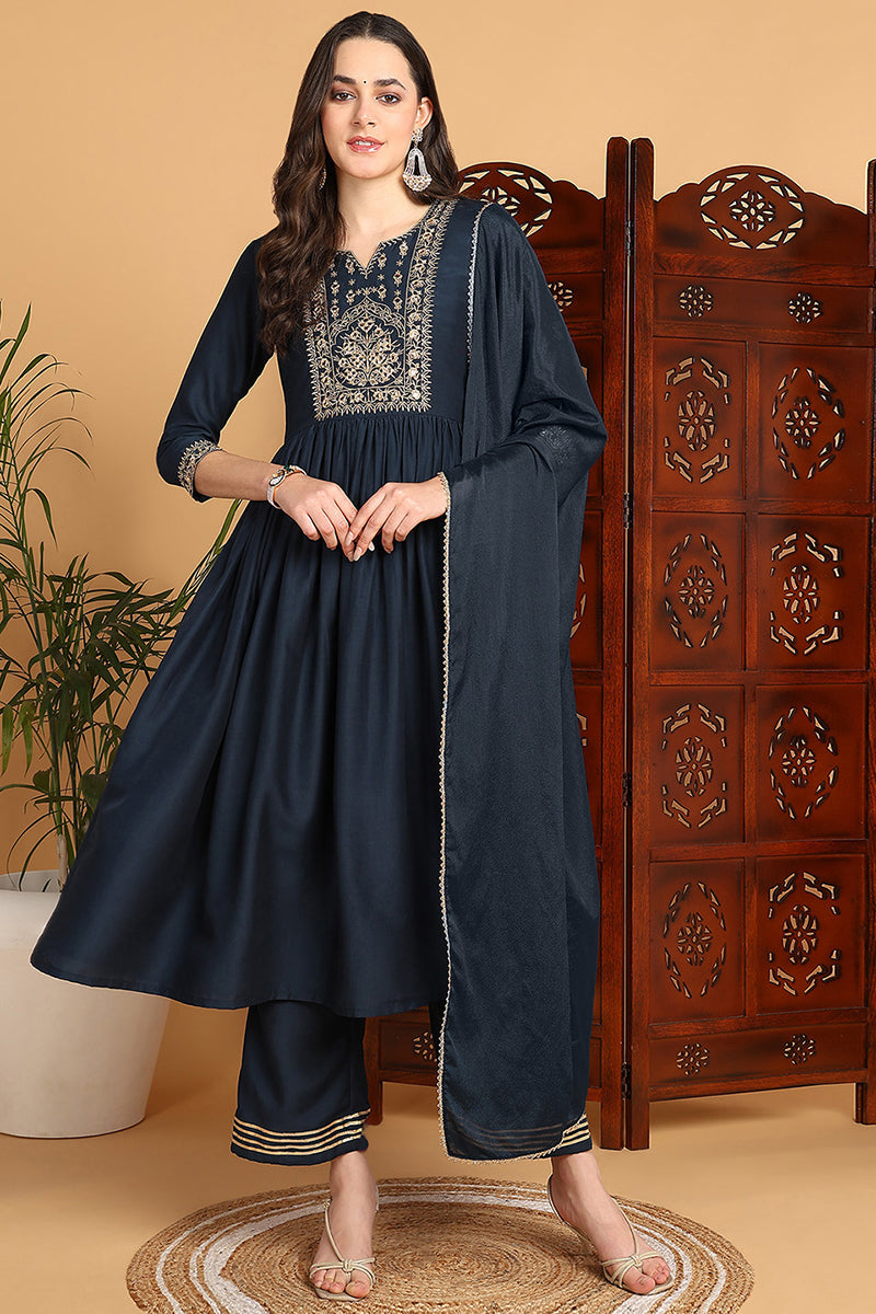 Blue Cotton Blend Solid Yoke Design A-Line Suit Set PKSKD2220