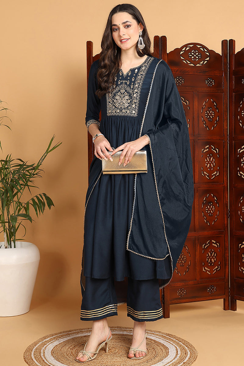 Blue Cotton Blend Solid Yoke Design A-Line Suit Set PKSKD2220