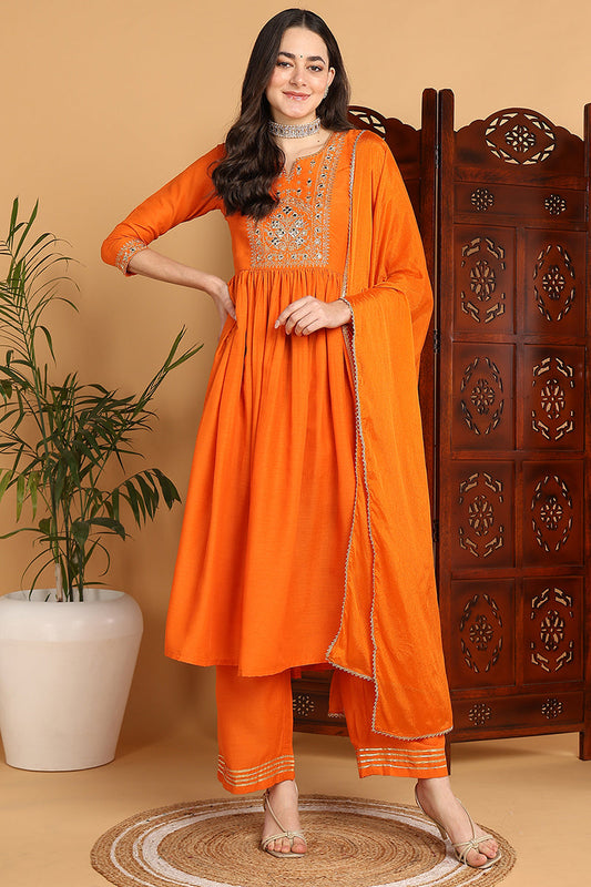 Orange Cotton Blend Solid Yoke Design A-Line Suit Set PKSKD2221