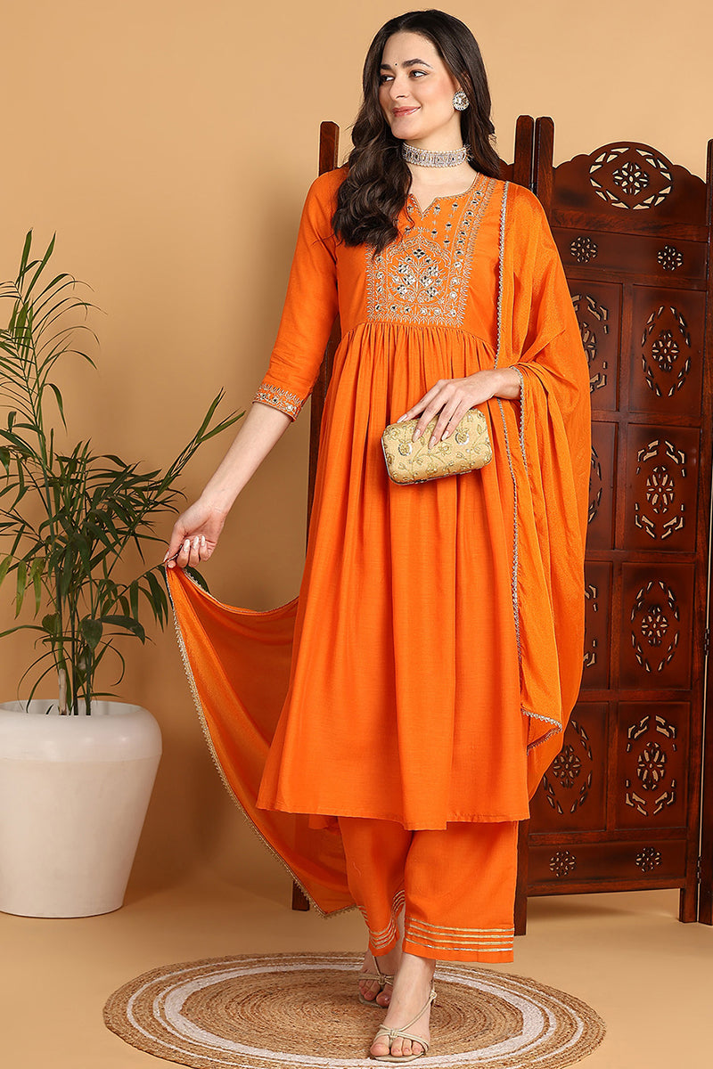 Orange Cotton Blend Solid Yoke Design A-Line Suit Set PKSKD2221