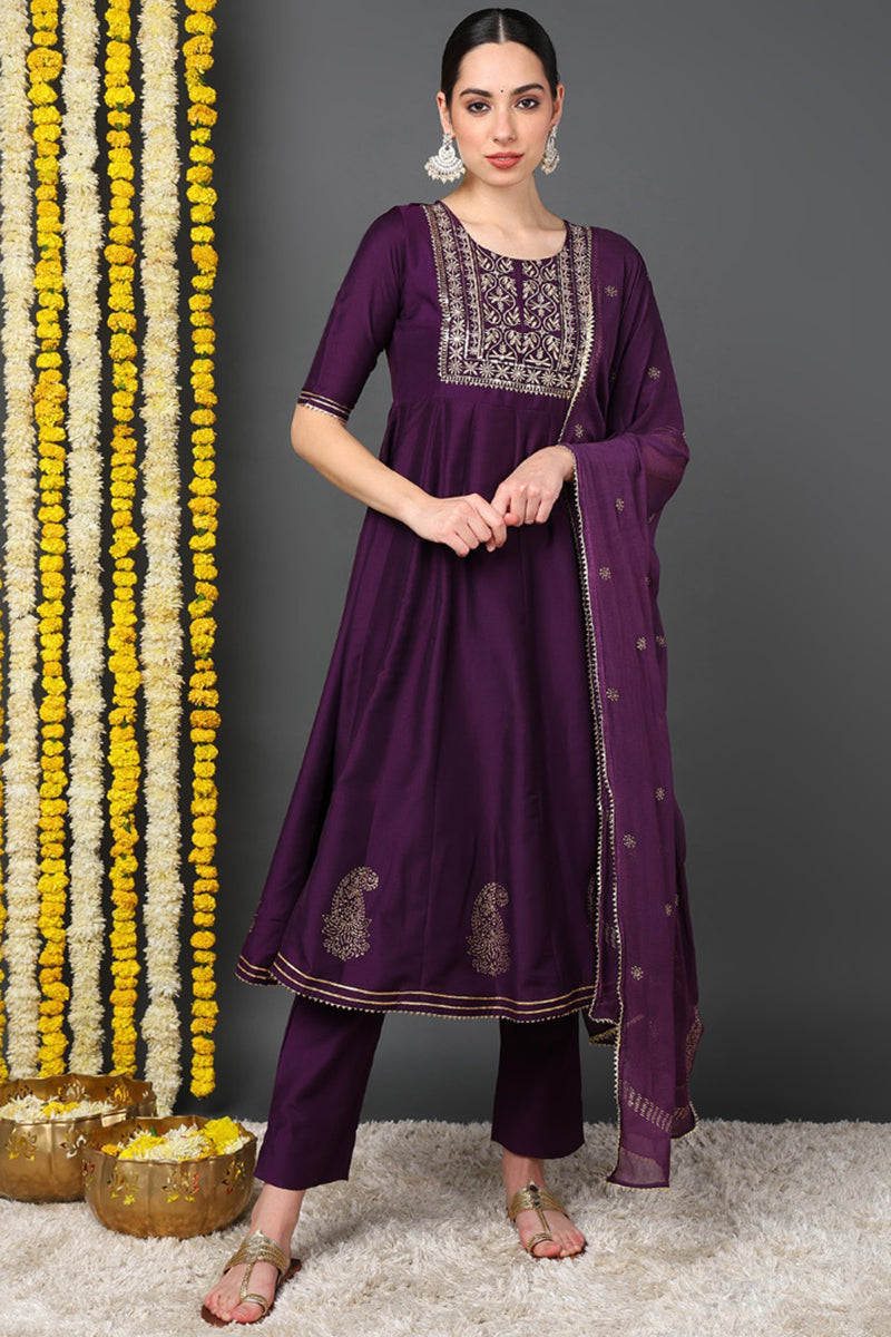 Purple Silk Blend Woven Design Embroidered Flared Suit Set PKSKD2255