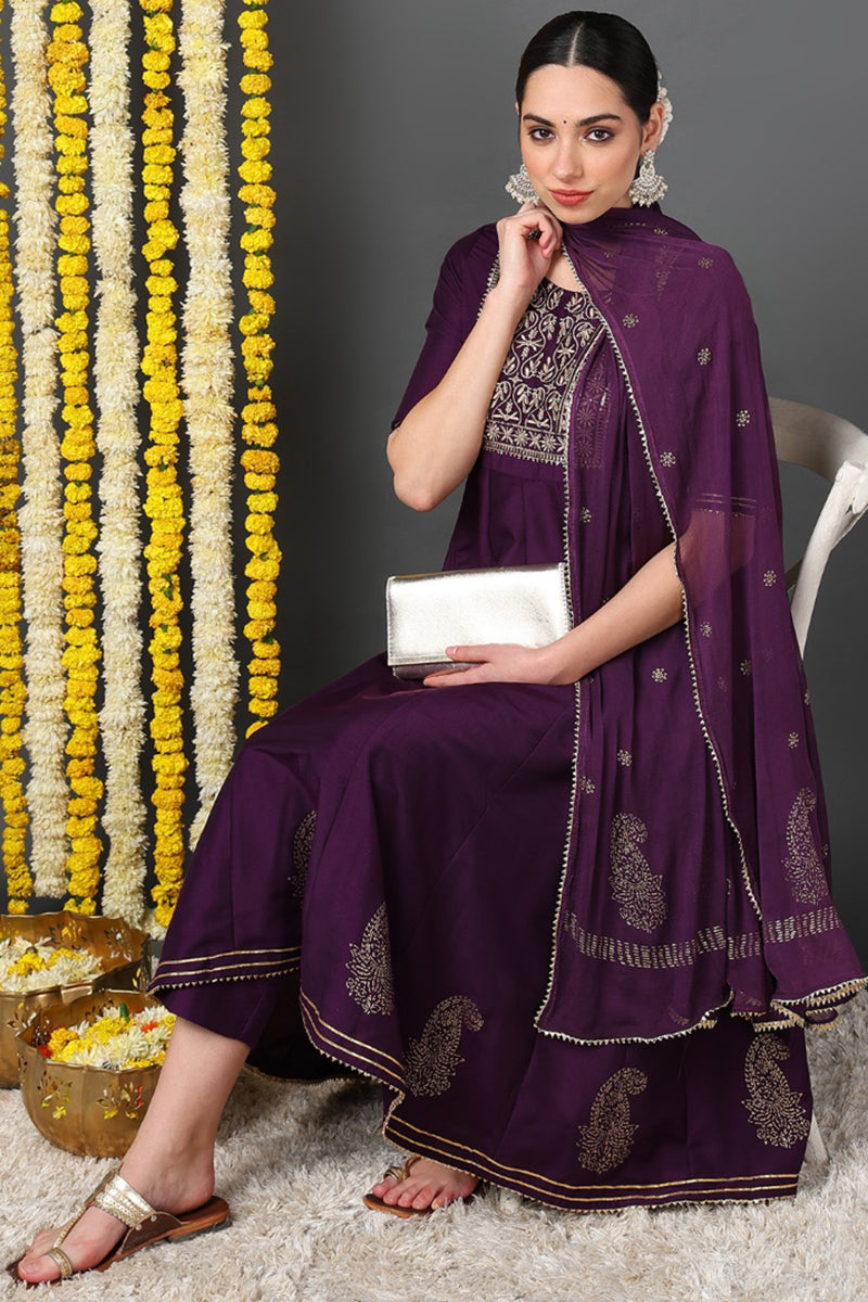 Purple Silk Blend Woven Design Embroidered Flared Suit Set PKSKD2255