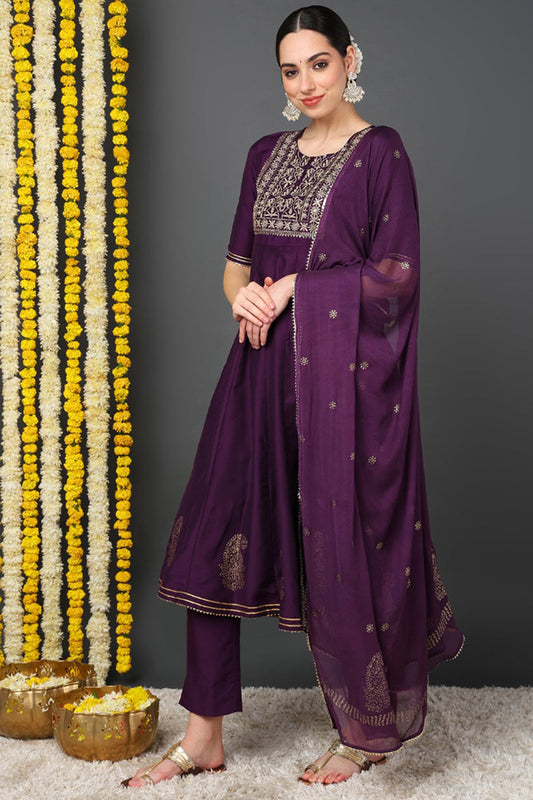 Purple Silk Blend Woven Design Embroidered Flared Suit Set PKSKD2255