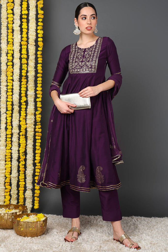 Purple Silk Blend Woven Design Embroidered Flared Suit Set PKSKD2255