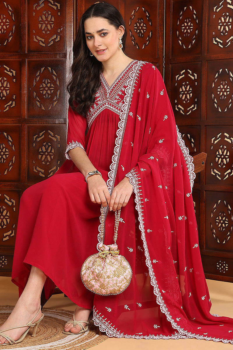 Rani Pink Georgette Solid Embroidered Flared Suit Set PKSKD2266