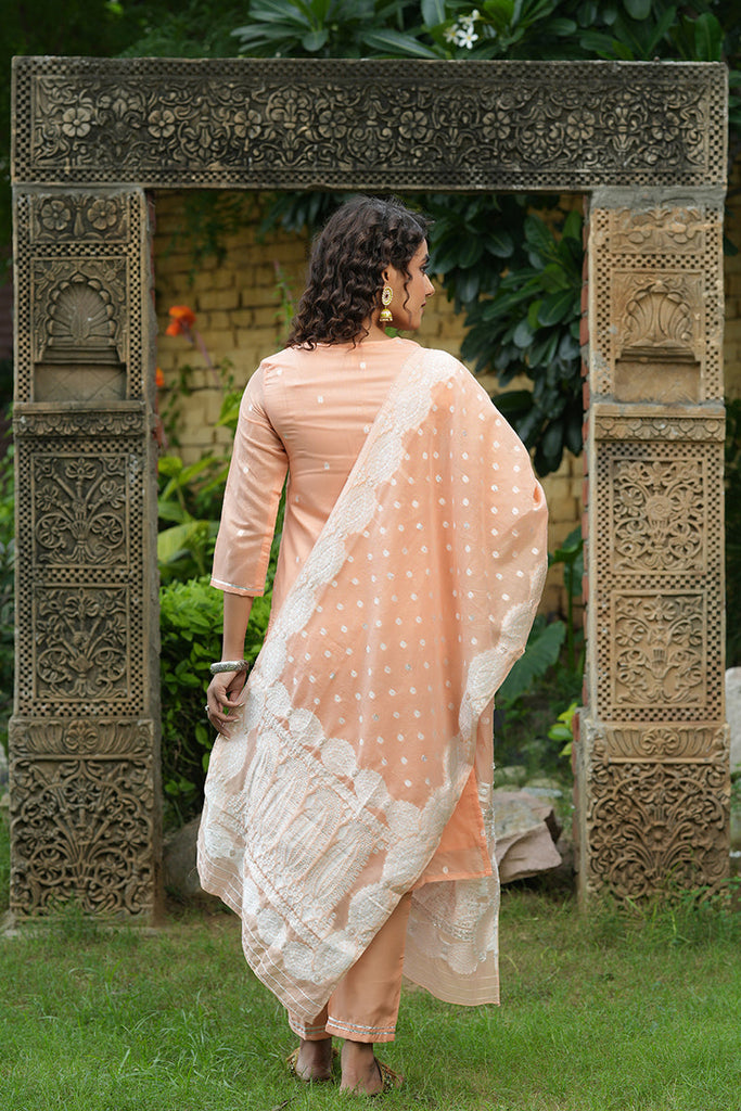 Peach Poly Chanderi Ethnic Motifs Straight Suit Set PKSKD1215