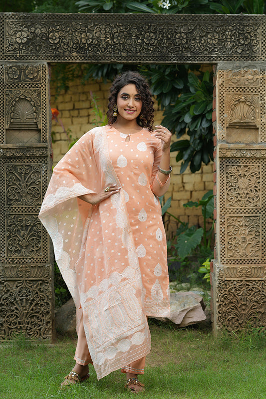 Peach Poly Chanderi Ethnic Motifs Straight Suit Set PKSKD1215