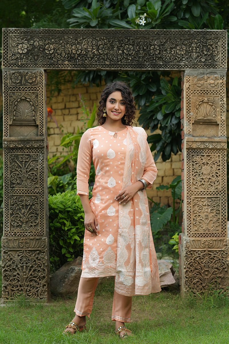 Peach Poly Chanderi Ethnic Motifs Straight Suit Set PKSKD1215