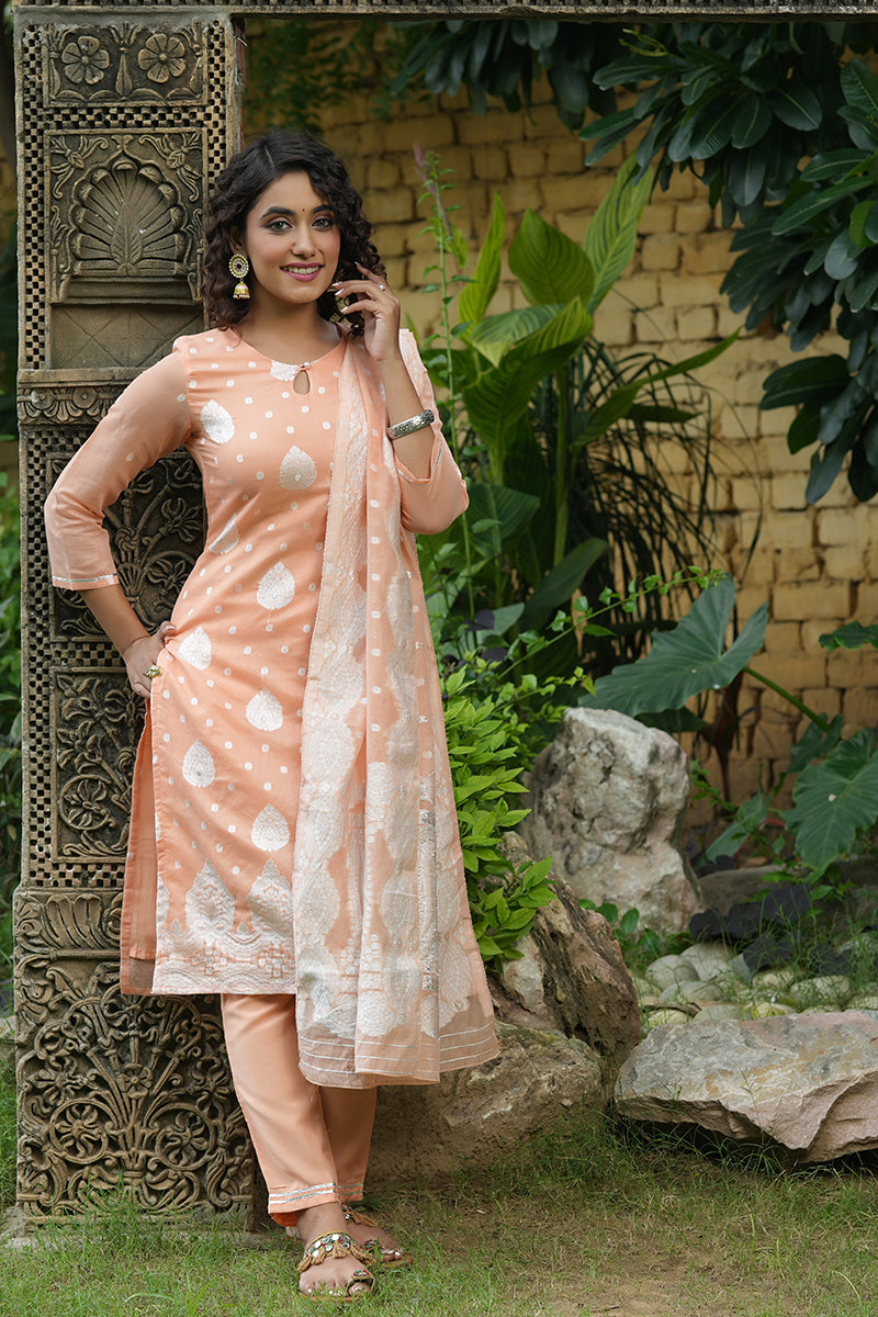 Peach Poly Chanderi Ethnic Motifs Straight Suit Set PKSKD1215