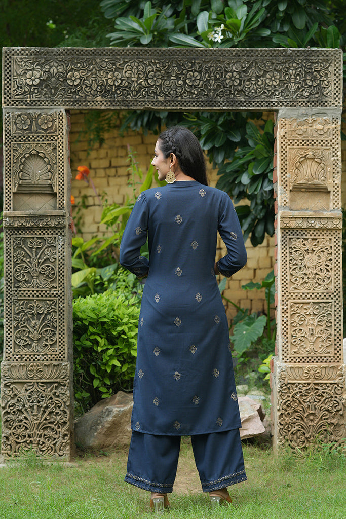 Navy Blue Poly Silk Straight Kurta Set PKSET1098