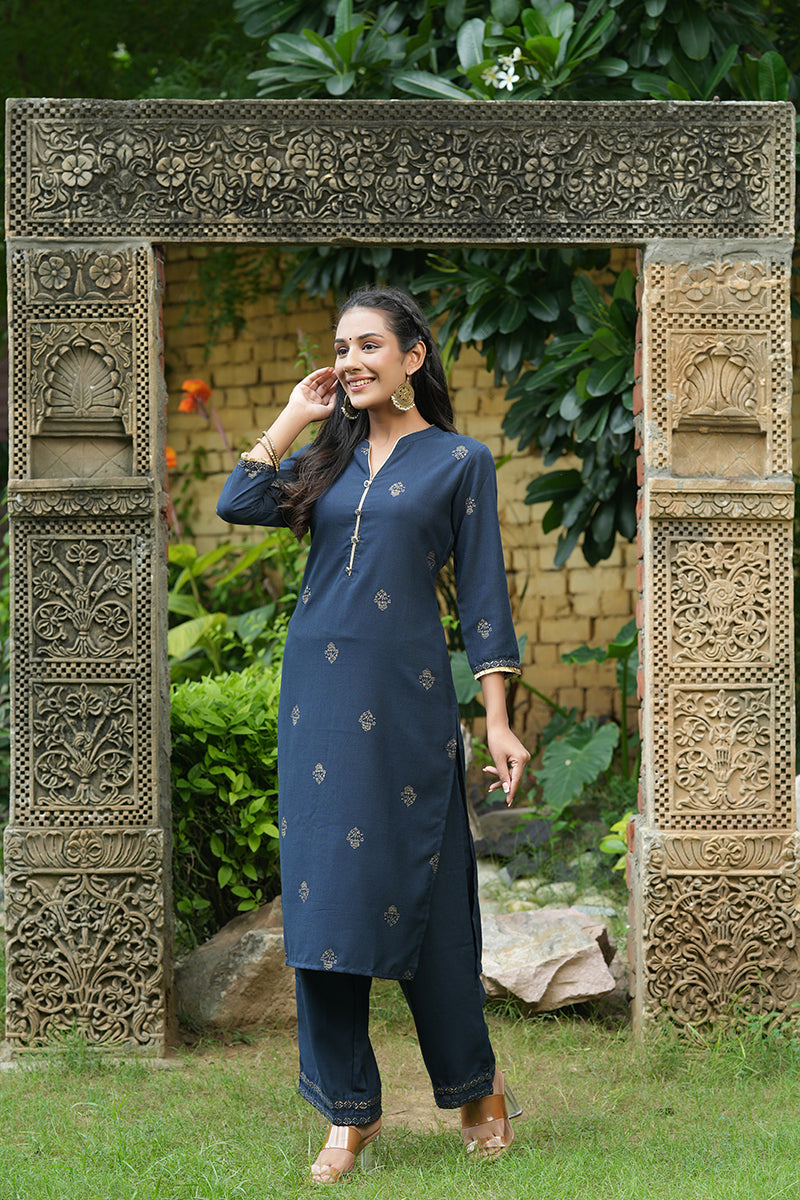 Navy Blue Poly Silk Straight Kurta Set PKSET1098