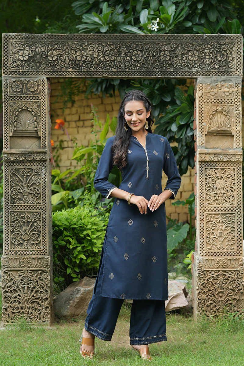 Navy Blue Poly Silk Straight Kurta Set PKSET1098