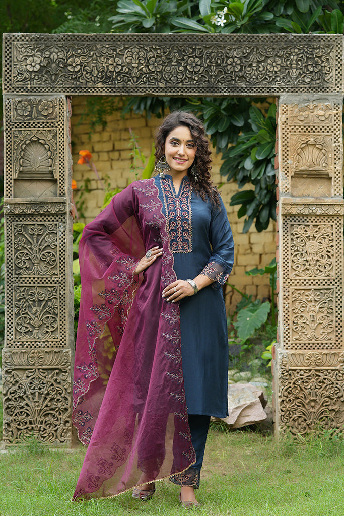 Navy Blue Poly Silk Straight Embroidered Suit Set PKSKD1258