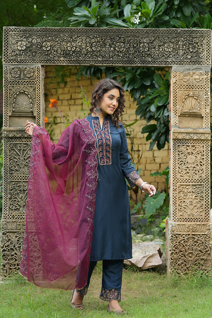 Navy Blue Poly Silk Straight Embroidered Suit Set PKSKD1258