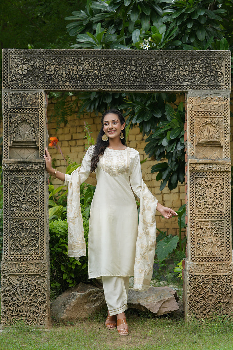 Cream Poly Silk Yoke Design Suit Set PKSKD1374