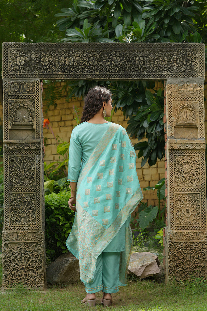 Sea Green Poly Silk Yoke Suit Set PKSKD1375