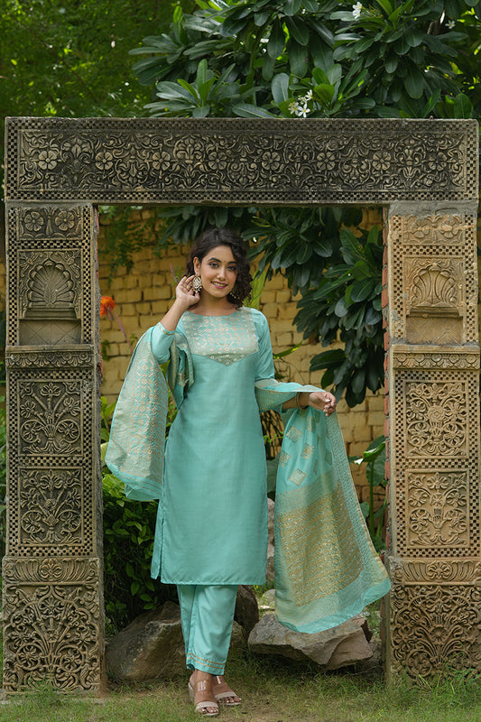 Sea Green Poly Silk Yoke Suit Set PKSKD1375