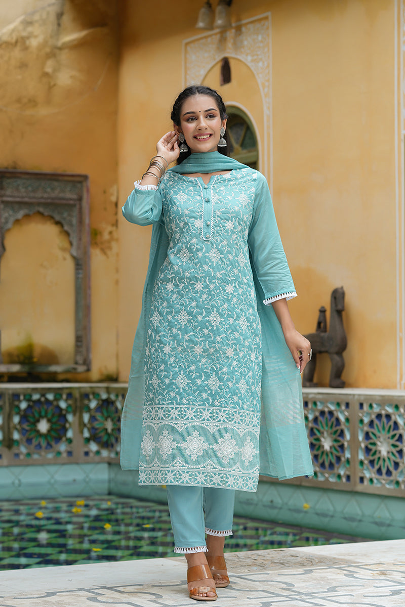 Sea Blue Poly Silk Straight Kurta Pant With Dupatta PKSKD1341