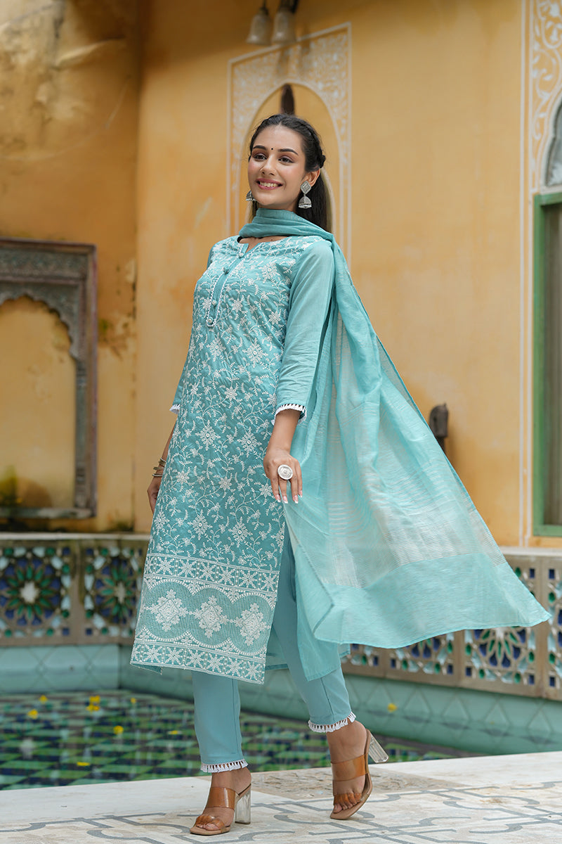 Sea Blue Poly Silk Straight Kurta Pant With Dupatta PKSKD1341