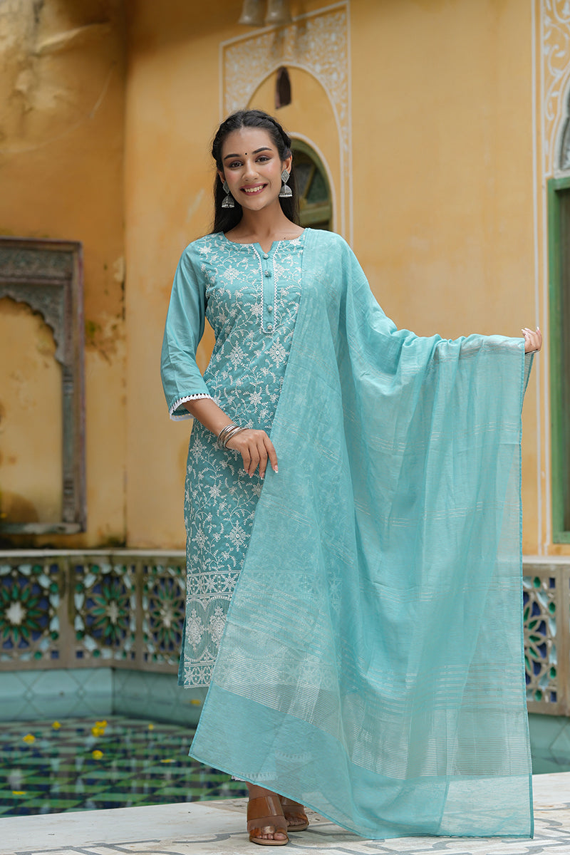 Sea Blue Poly Silk Straight Kurta Pant With Dupatta PKSKD1341