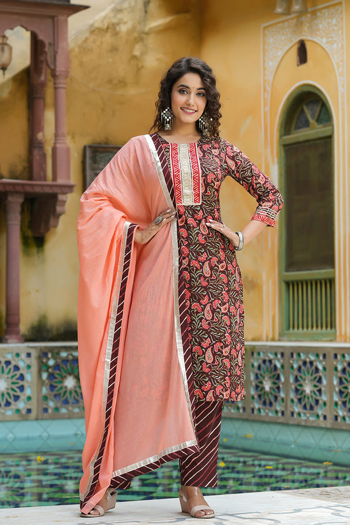  Women Brown Striped Printed Kurta Trousers With Dupatta