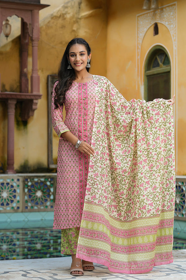 Pink Ethnic Motifs Printed Regular Pure Cotton Kurta Set – 