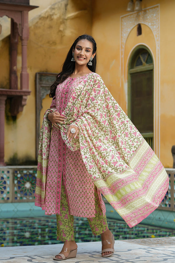 Pink Ethnic Motifs Printed Regular Pure Cotton Kurta Set – 