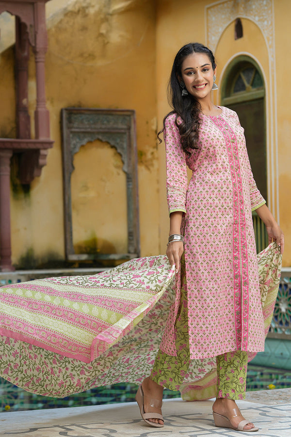 Pink Ethnic Motifs Printed Regular Pure Cotton Kurta Set – 