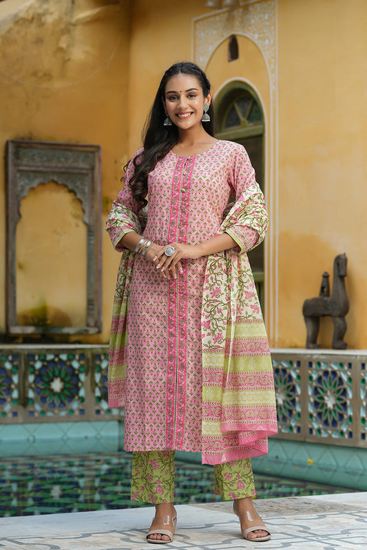 Pink Ethnic Motifs Printed Regular Pure Cotton Kurta Set – 